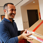 **

Prompt:  Close-up shot, smiling customer receiving a perfectly packaged delivery, warm indoor lighting, online shopping success concept, focus on genuine happiness, Turkish delivery driver in background, modern apartment setting, emphasizing convenience and satisfaction.

**