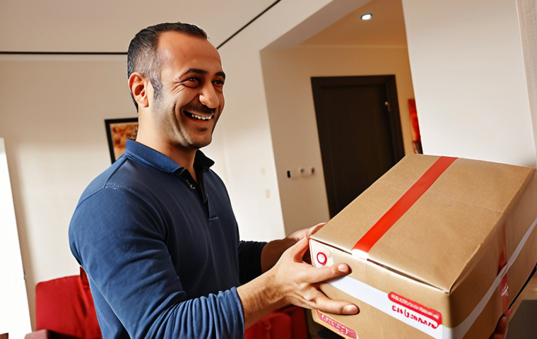 **
Prompt: Close-up shot, smiling customer receiving a perfectly packaged delivery, warm indoor lighting, online shopping success concept, focus on genuine happiness, Turkish delivery driver in background, modern apartment setting, emphasizing convenience and satisfaction.
**